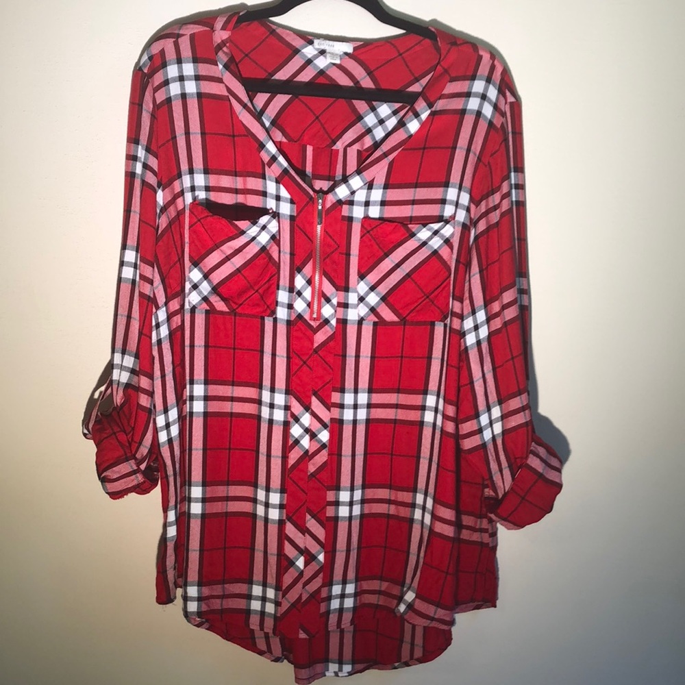 Est. 1946 women’s 18/20w v-neck w/ zipper plaid blouse/tunic roll tab sleeve